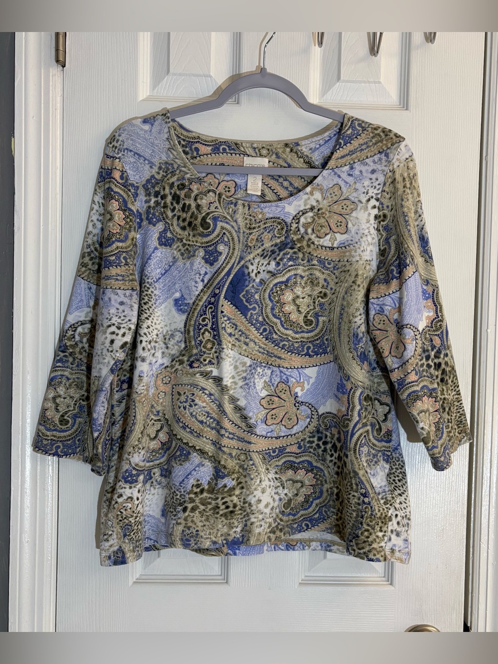 Chico's Paisley Animal Print Top Size 2 Large 12 3/4 Sleeve Blue Green Cotton.